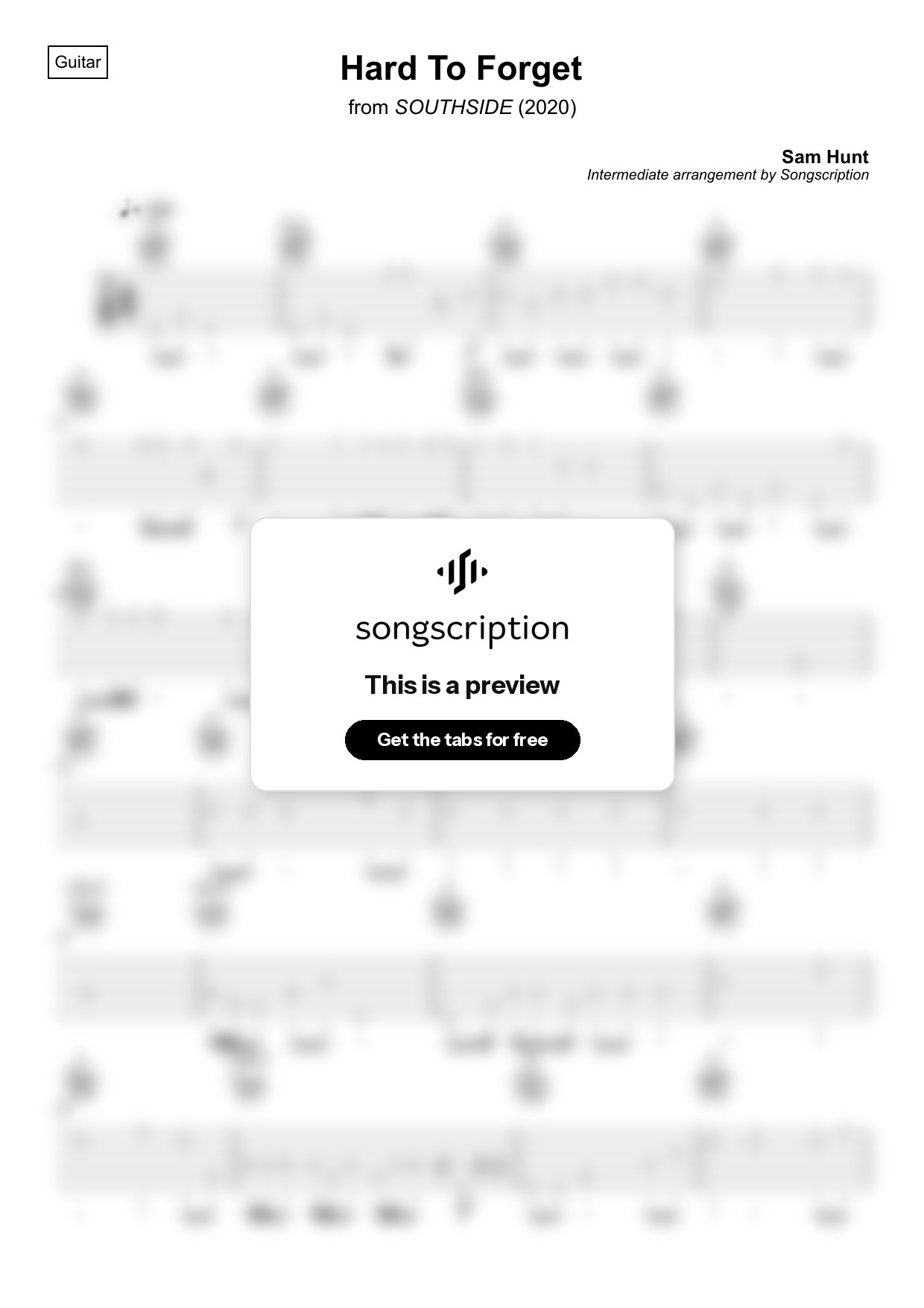 Intermediate Acoustic Guitar Tabs for "Hard To Forget" by Sam Hunt