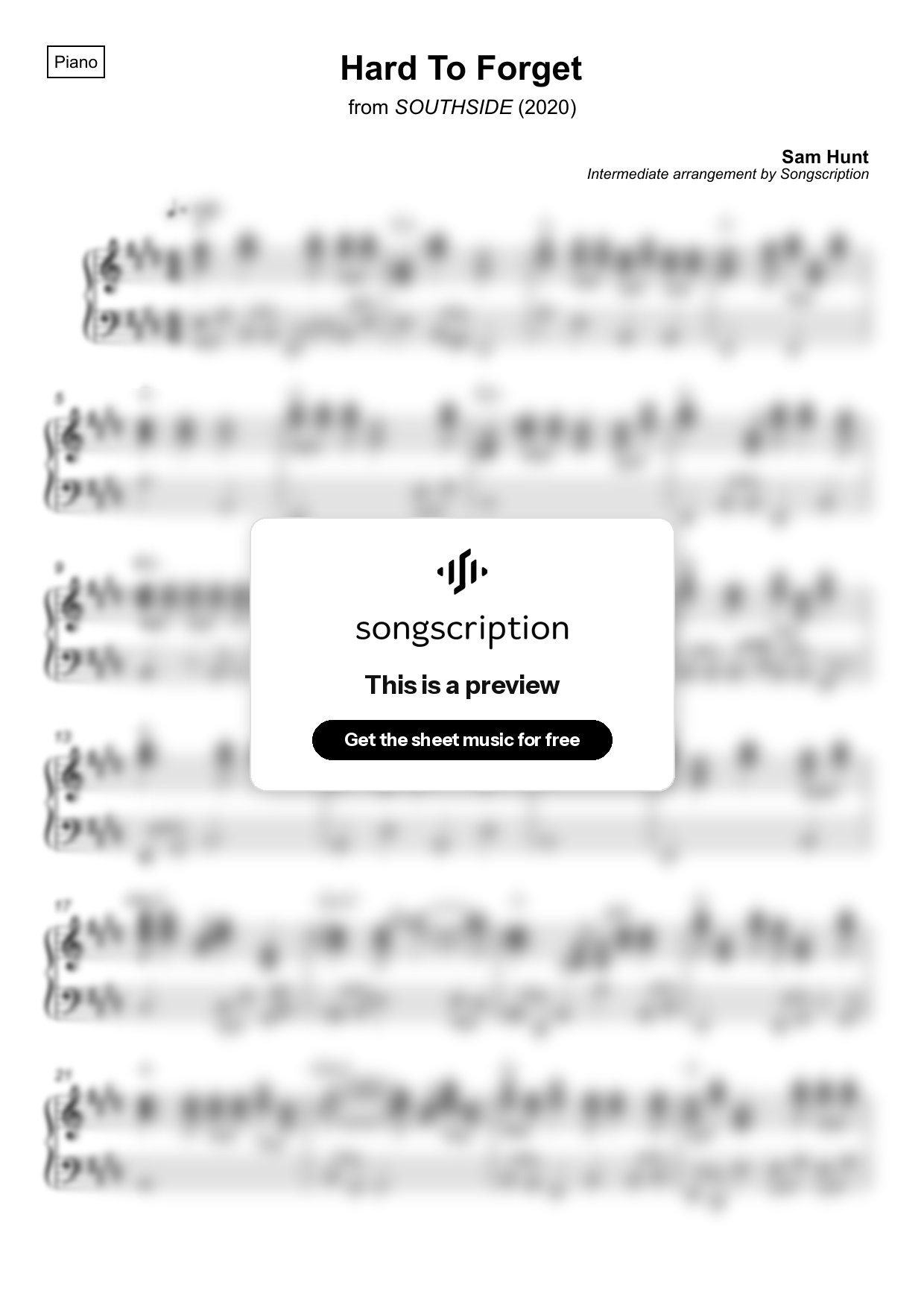 Intermediate Piano Sheet Music for "Hard To Forget" by Sam Hunt