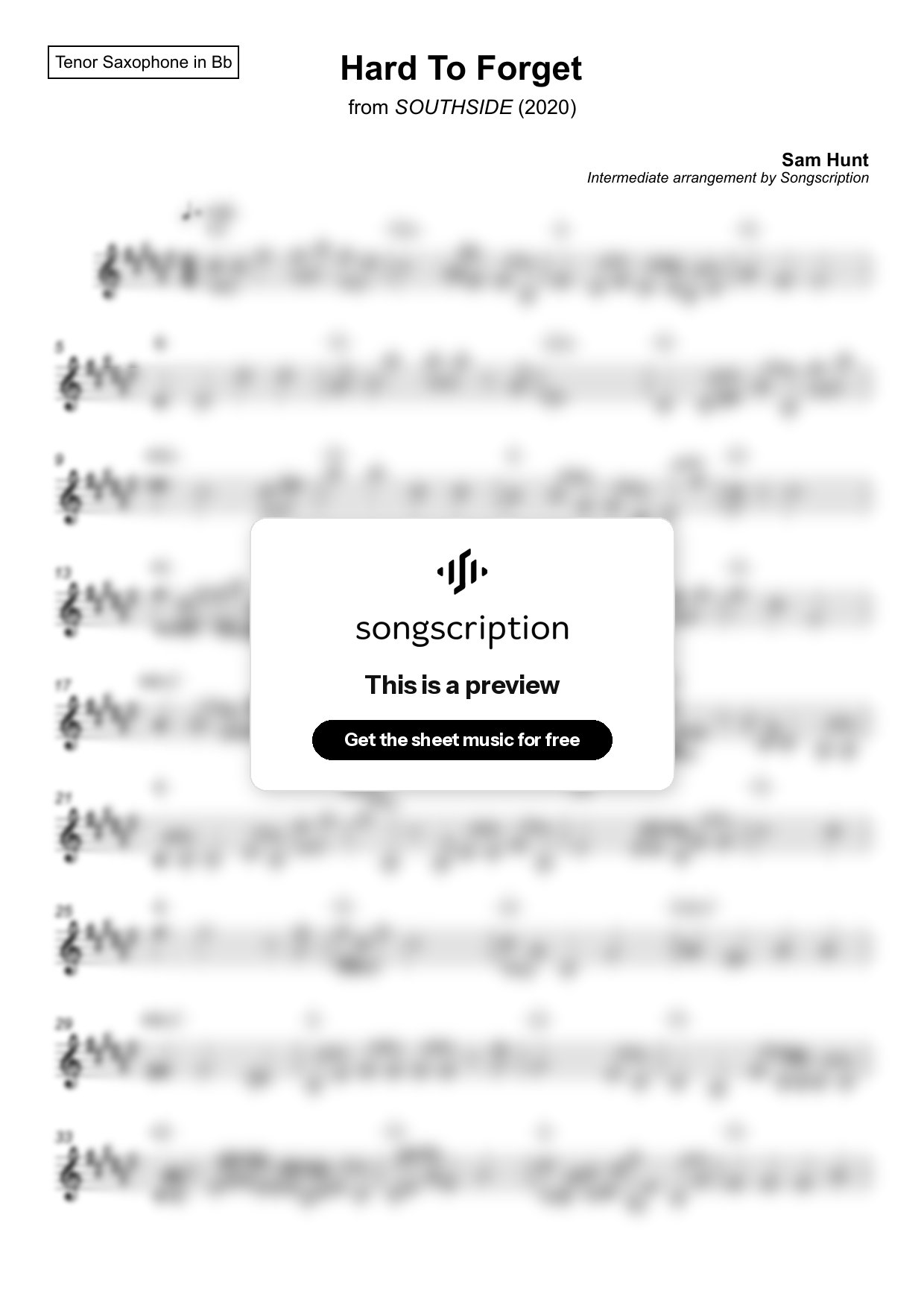 Intermediate Tenor Sax Sheet Music for "Hard To Forget" by Sam Hunt