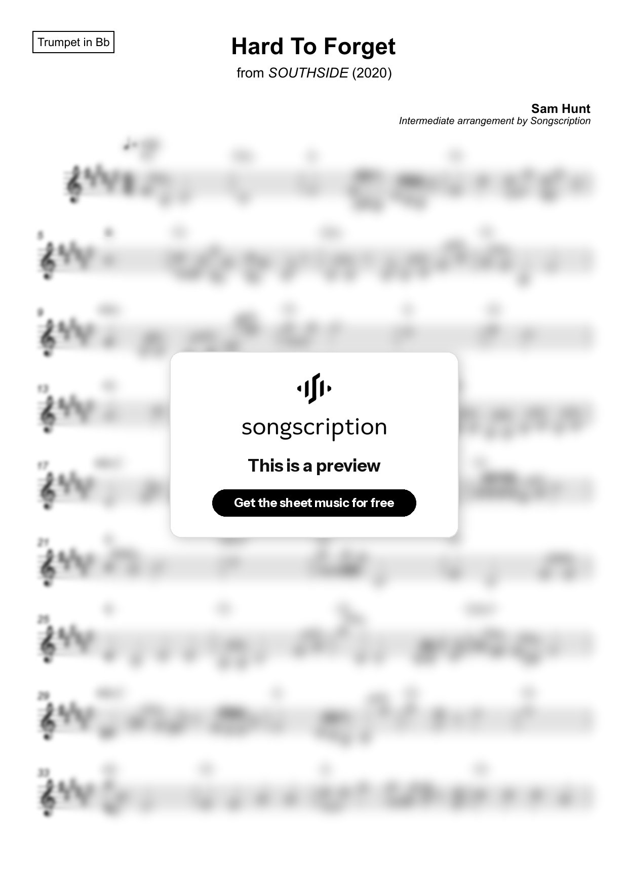 Intermediate Trumpet Sheet Music for "Hard To Forget" by Sam Hunt