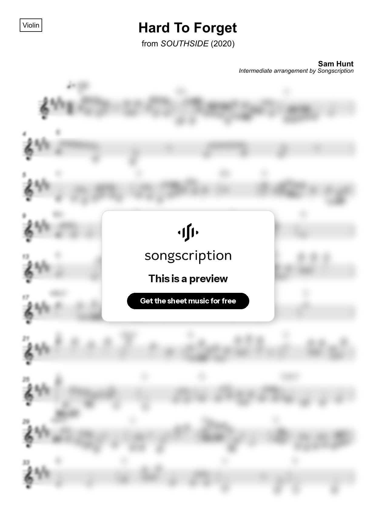 Intermediate Violin Sheet Music for "Hard To Forget" by Sam Hunt