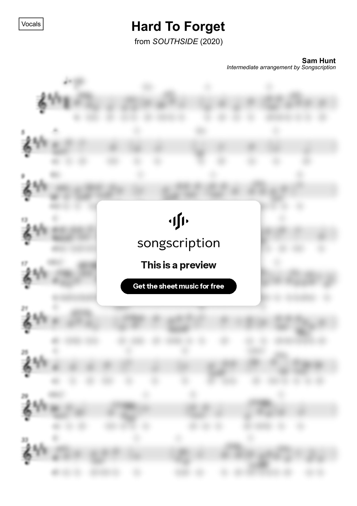 Intermediate Vocals Sheet Music for "Hard To Forget" by Sam Hunt