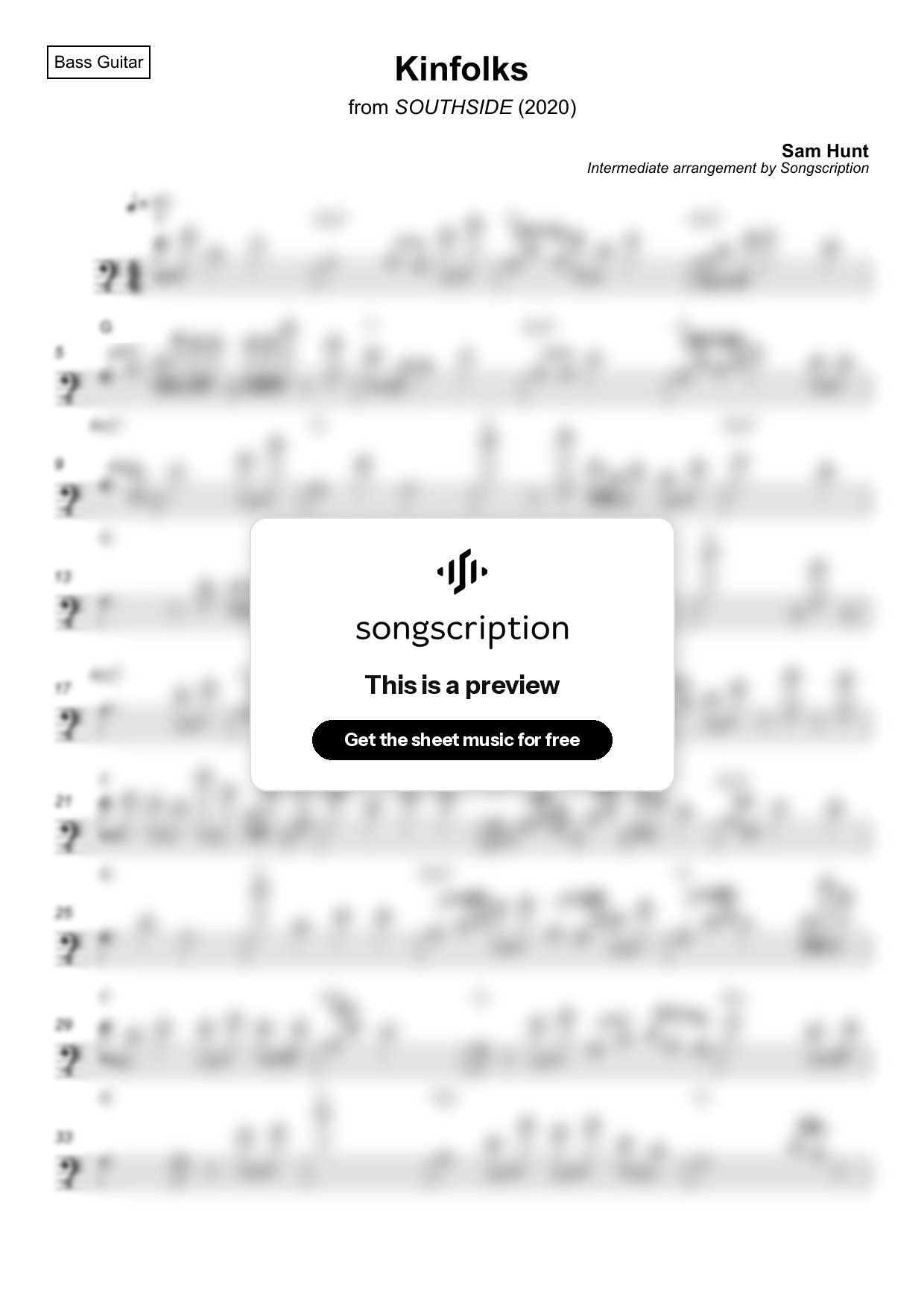 Intermediate Bass Guitar Sheet Music for "Kinfolks" by Sam Hunt