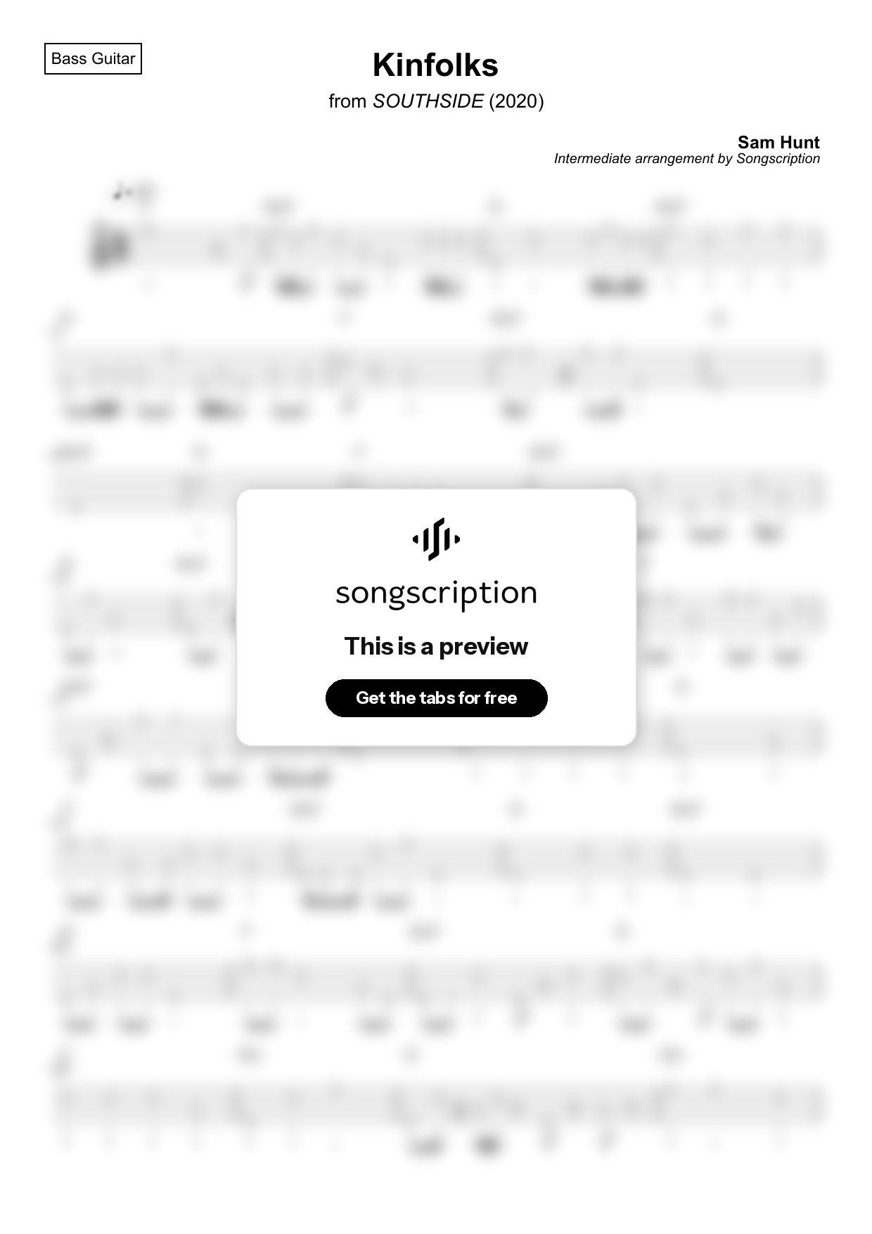 Intermediate Bass Guitar Tabs for "Kinfolks" by Sam Hunt
