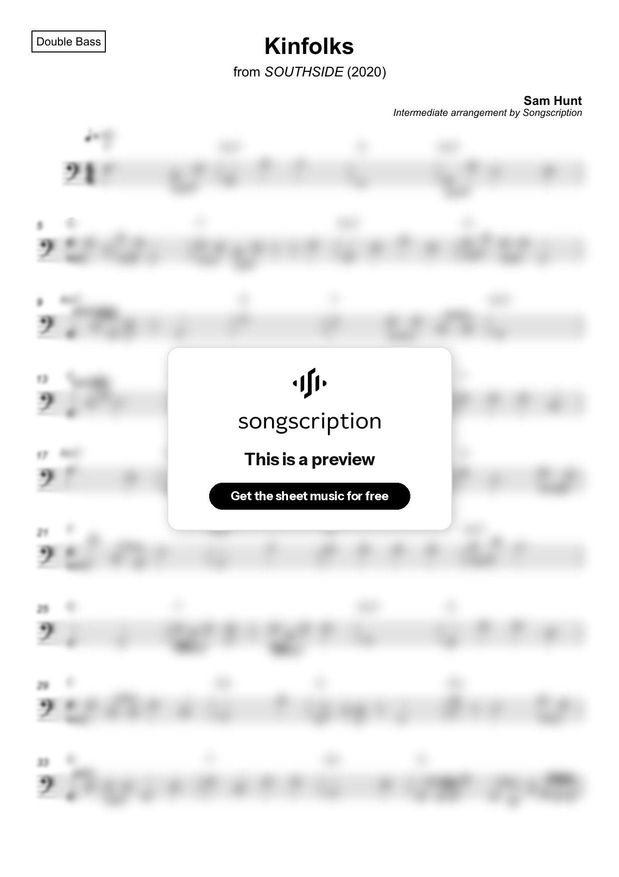 Intermediate Double Bass Sheet Music for "Kinfolks" by Sam Hunt
