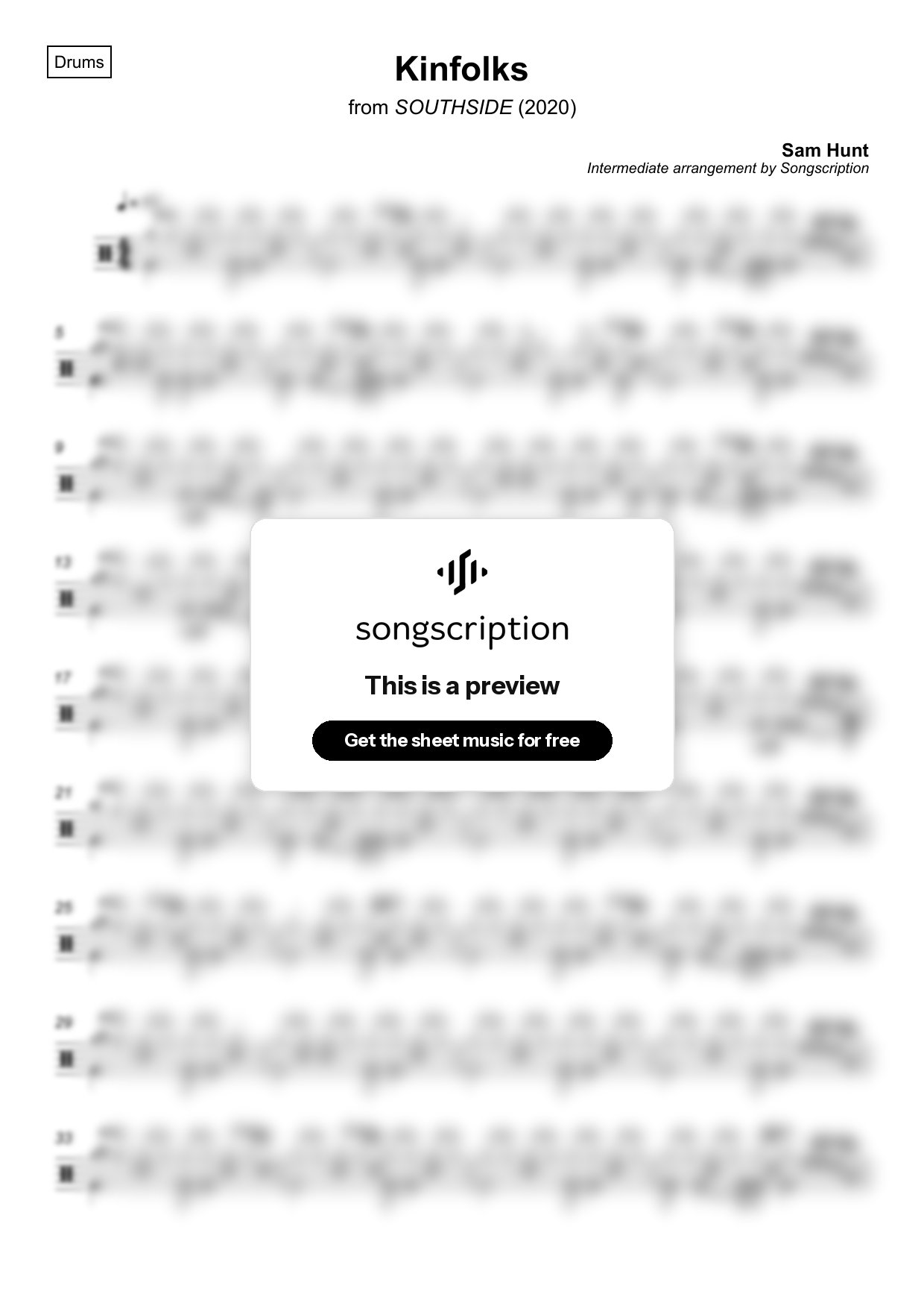 Intermediate Drums Sheet Music for "Kinfolks" by Sam Hunt