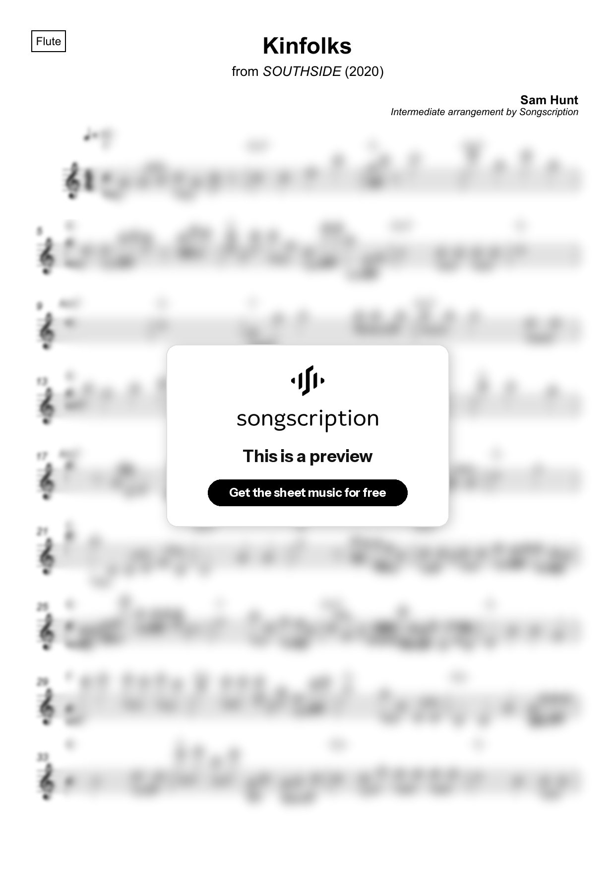 Intermediate Flute Sheet Music for "Kinfolks" by Sam Hunt