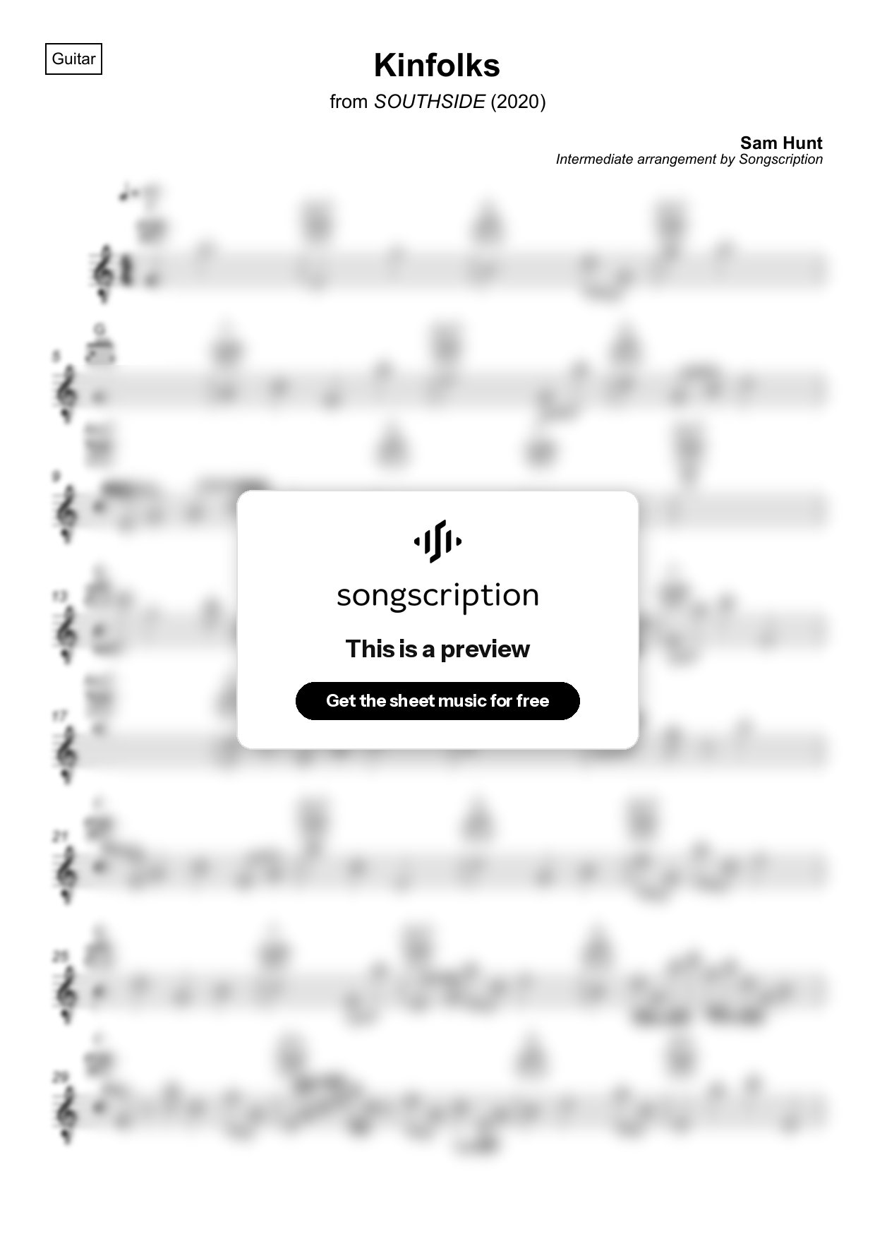 Intermediate Acoustic Guitar Sheet Music for "Kinfolks" by Sam Hunt