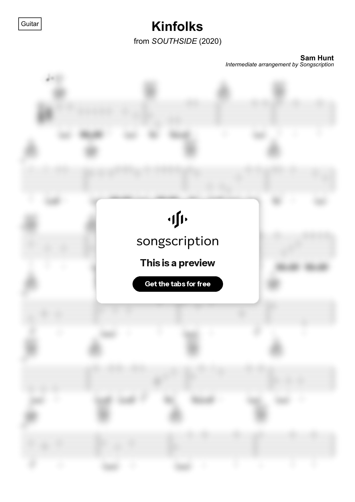 Intermediate Acoustic Guitar Tabs for "Kinfolks" by Sam Hunt