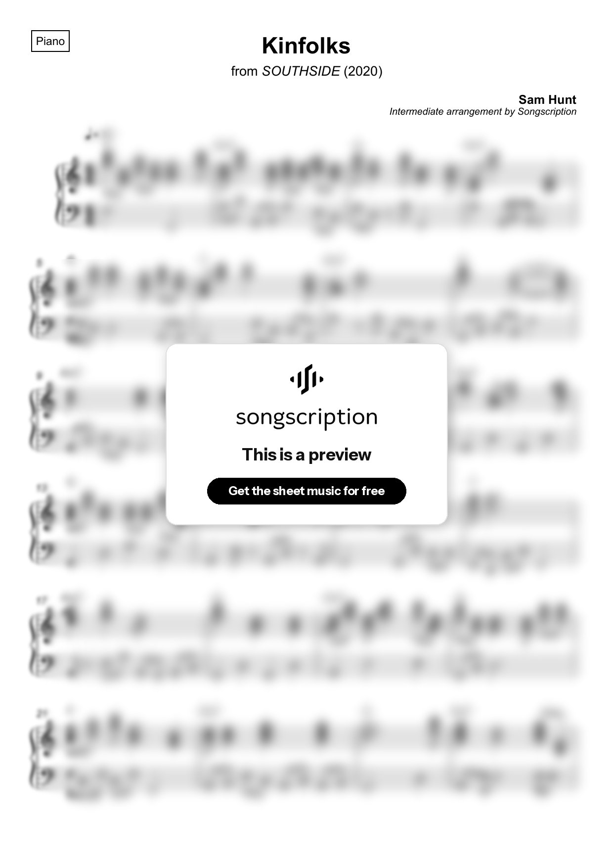 Intermediate Piano Sheet Music for "Kinfolks" by Sam Hunt