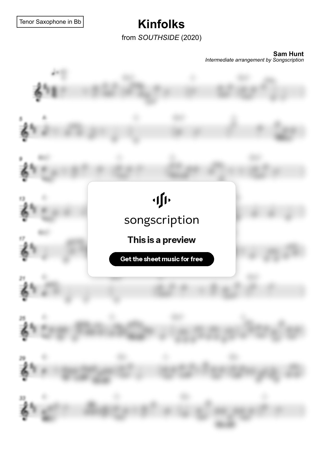 Intermediate Tenor Sax Sheet Music for "Kinfolks" by Sam Hunt