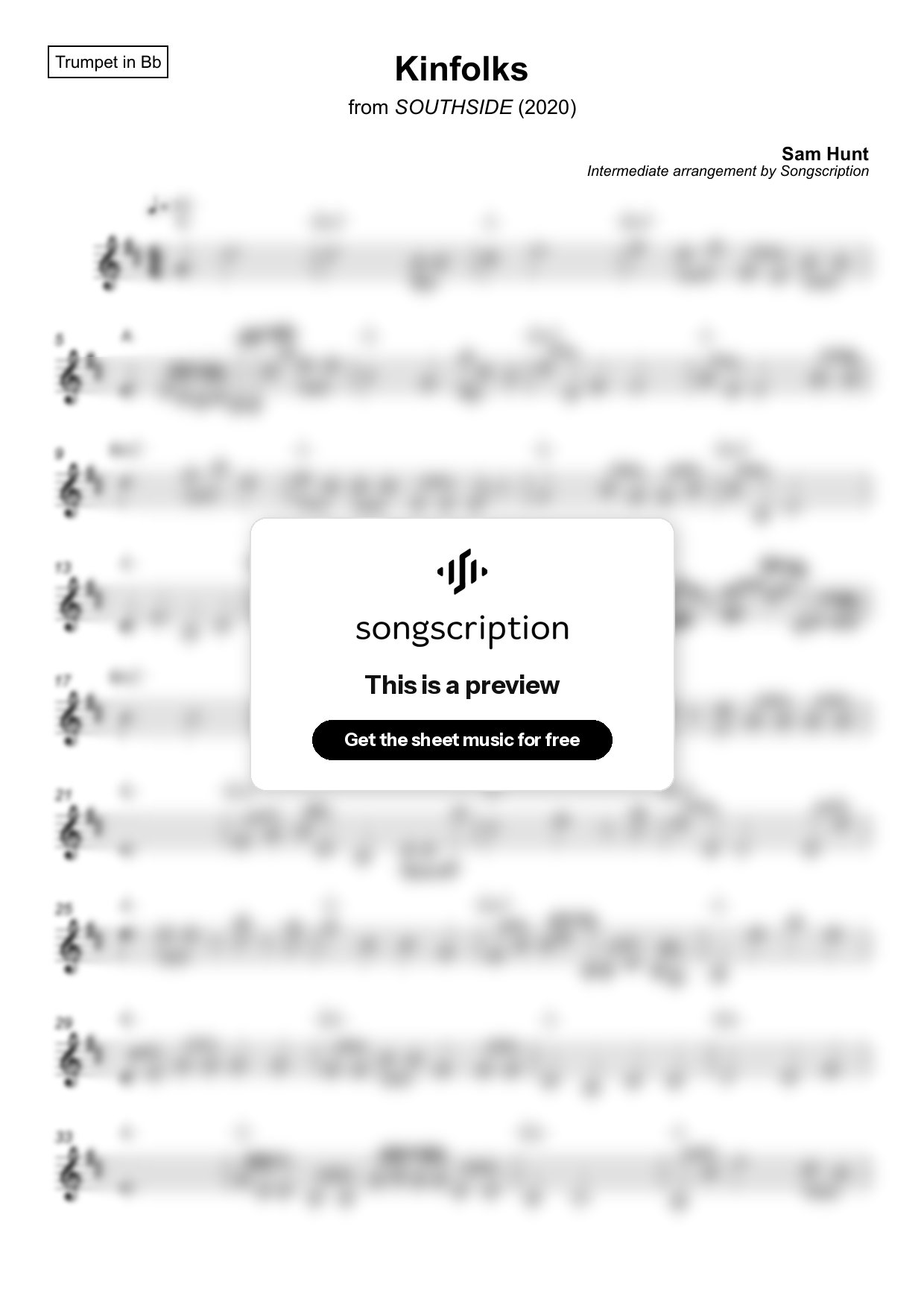Intermediate Trumpet Sheet Music for "Kinfolks" by Sam Hunt