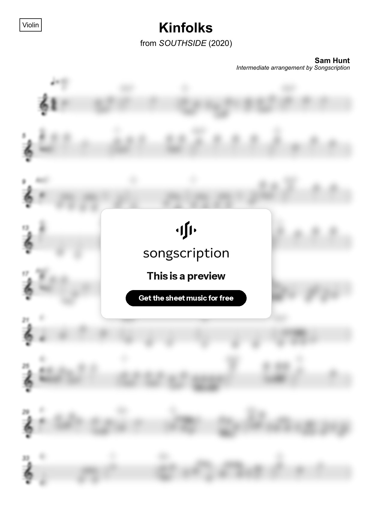 Intermediate Violin Sheet Music for "Kinfolks" by Sam Hunt