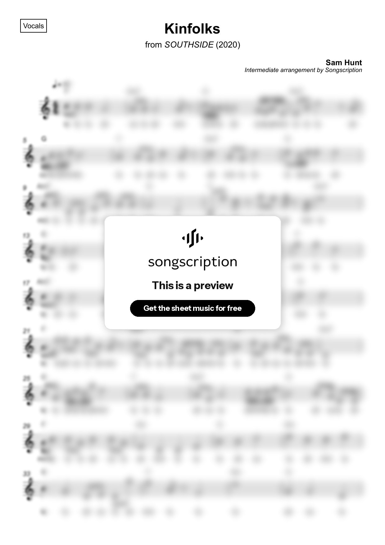 Intermediate Vocals Sheet Music for "Kinfolks" by Sam Hunt