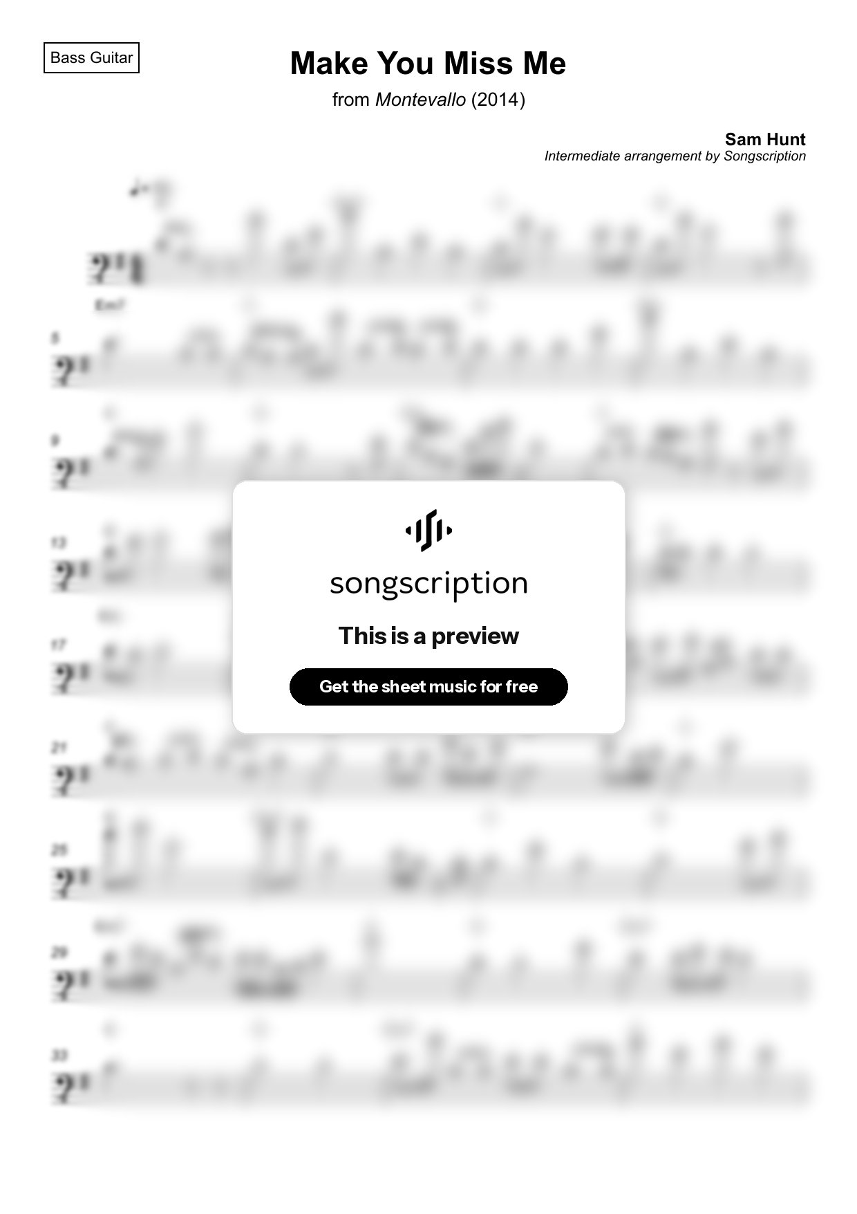 Intermediate Bass Guitar Sheet Music for "Make You Miss Me" by Sam Hunt