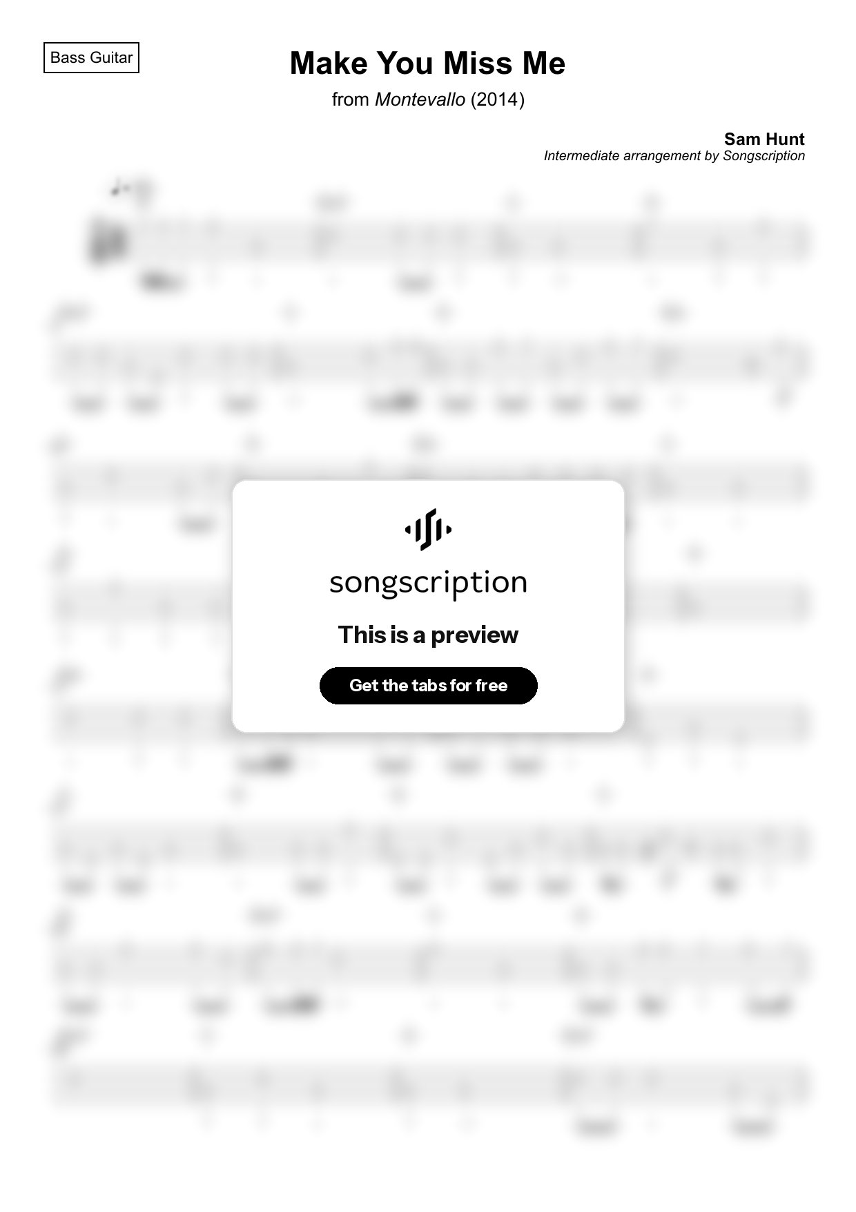 Intermediate Bass Guitar Tabs for "Make You Miss Me" by Sam Hunt