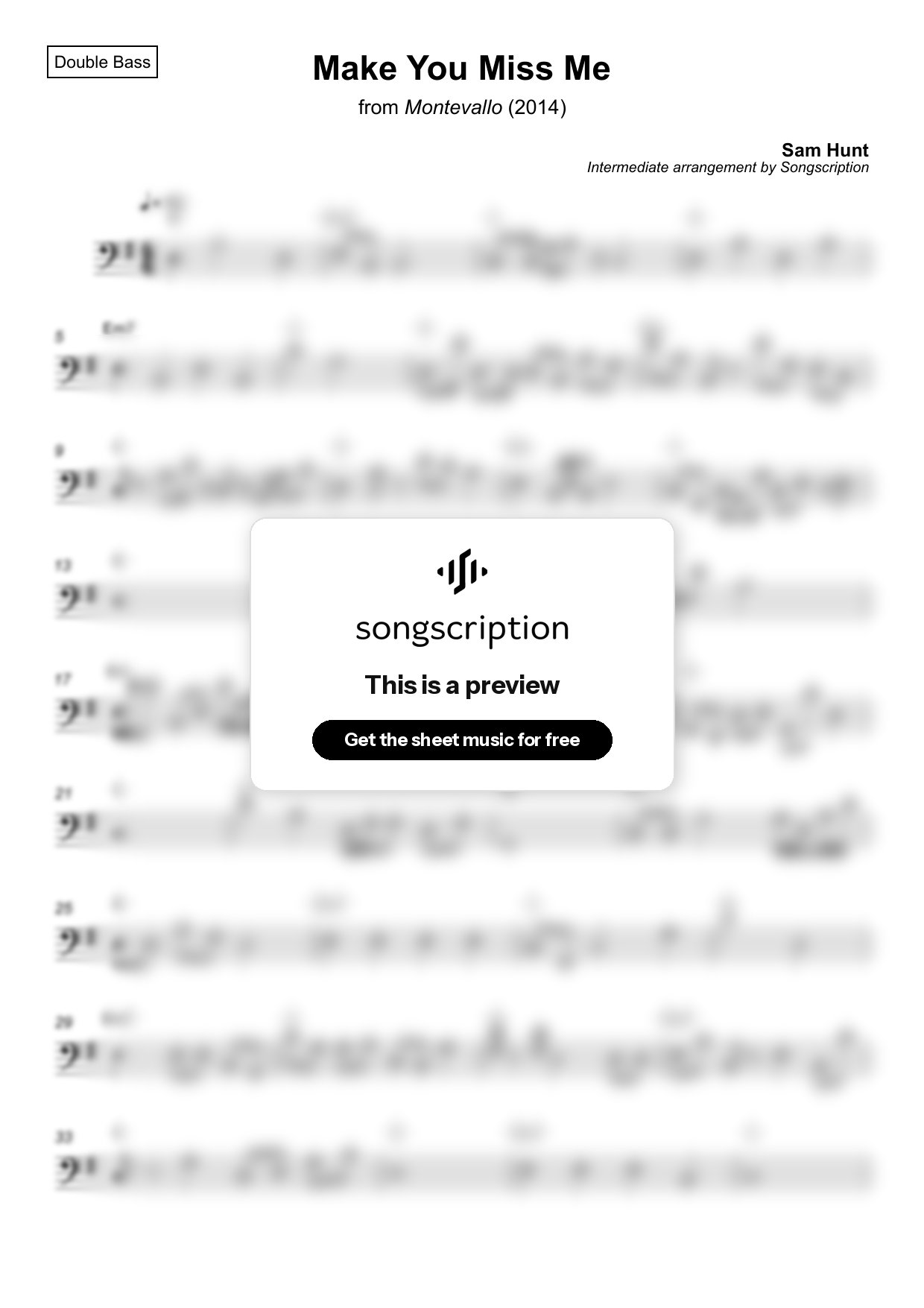 Intermediate Double Bass Sheet Music for "Make You Miss Me" by Sam Hunt