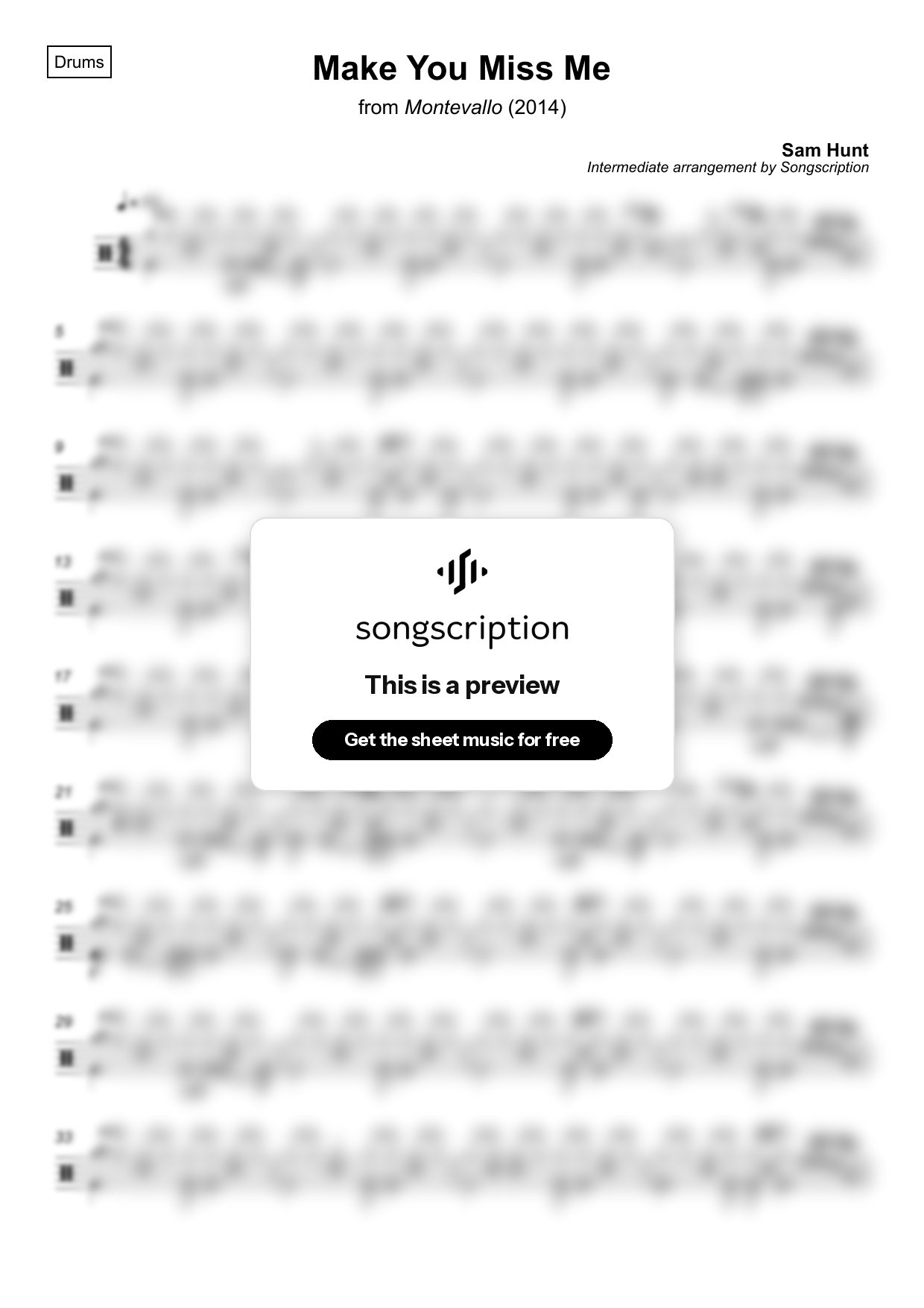 Intermediate Drums Sheet Music for "Make You Miss Me" by Sam Hunt