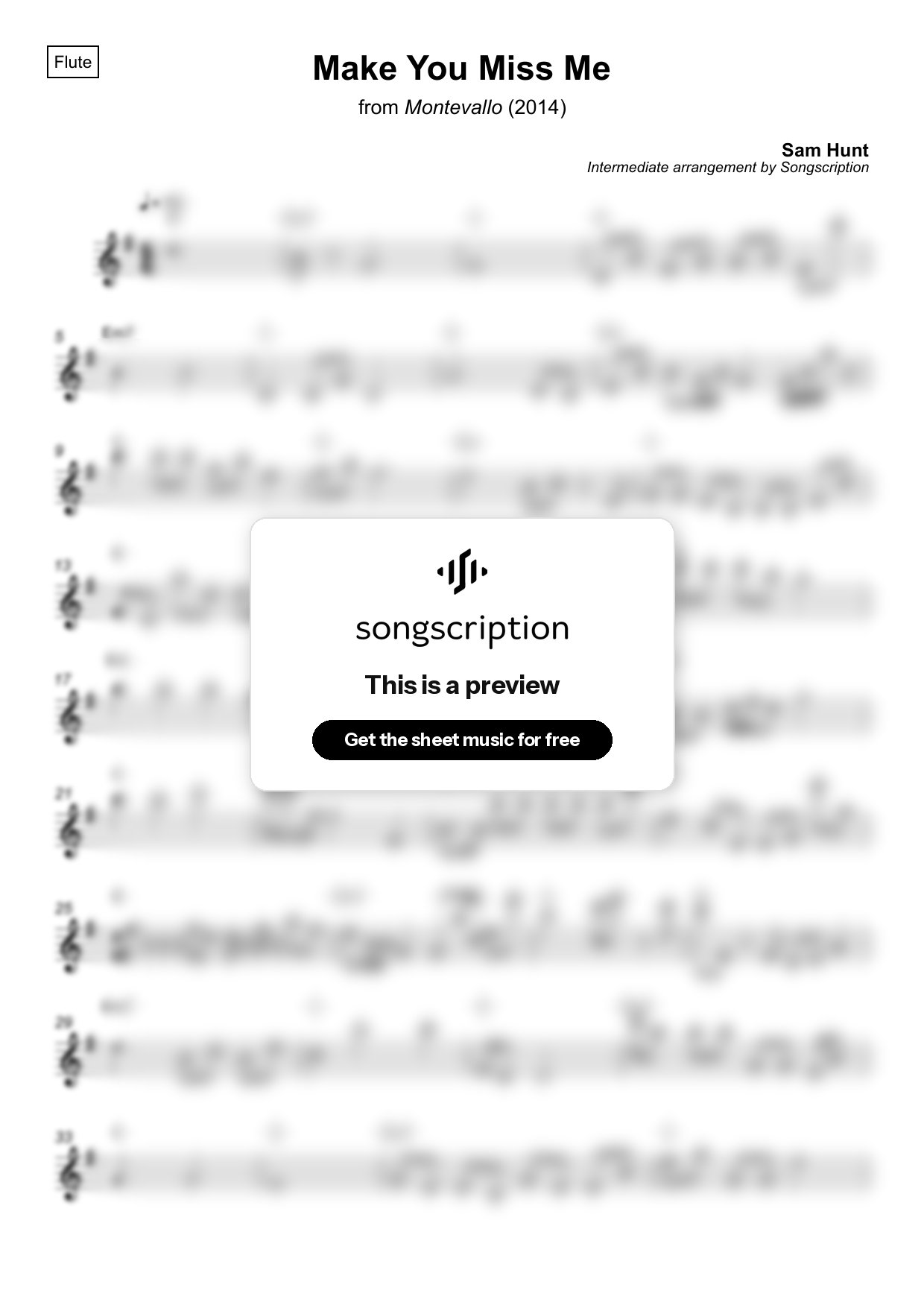 Intermediate Flute Sheet Music for "Make You Miss Me" by Sam Hunt
