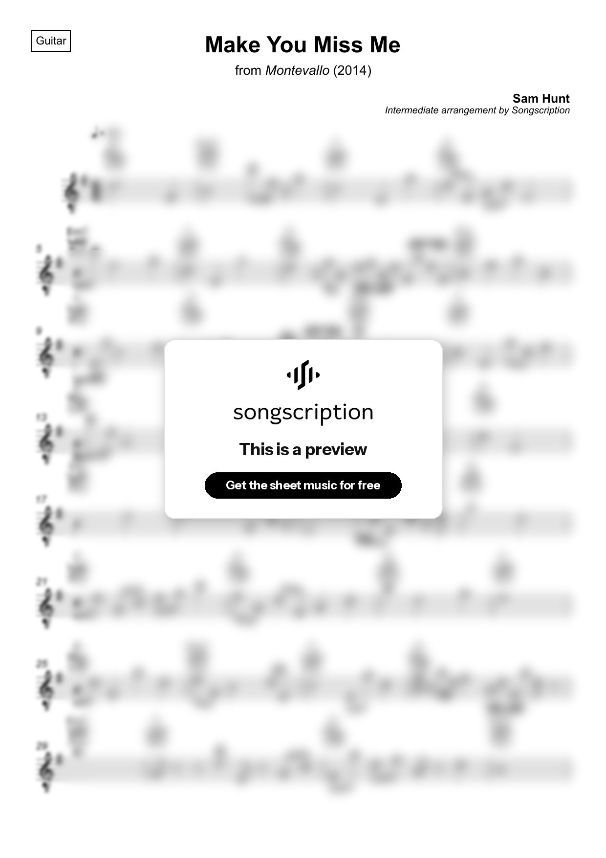 Intermediate Acoustic Guitar Sheet Music for "Make You Miss Me" by Sam Hunt