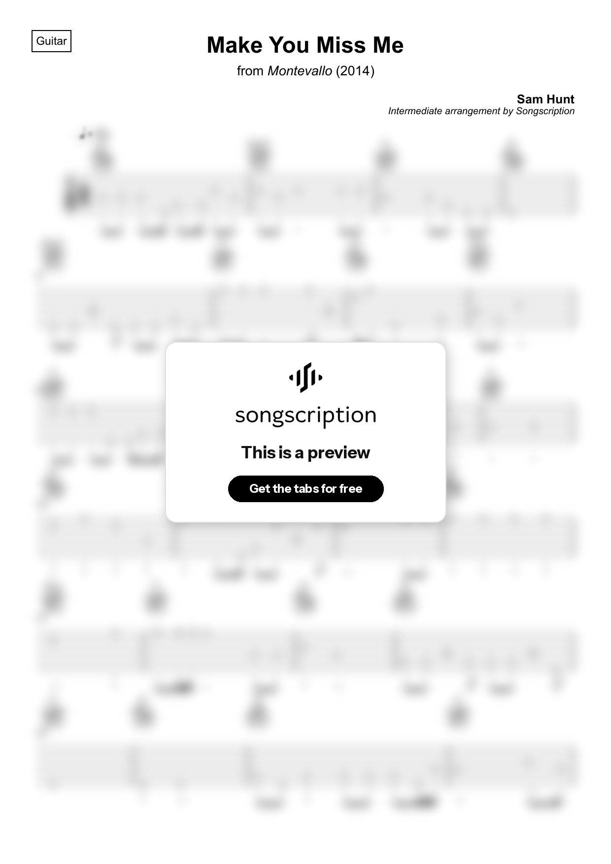 Intermediate Acoustic Guitar Tabs for "Make You Miss Me" by Sam Hunt