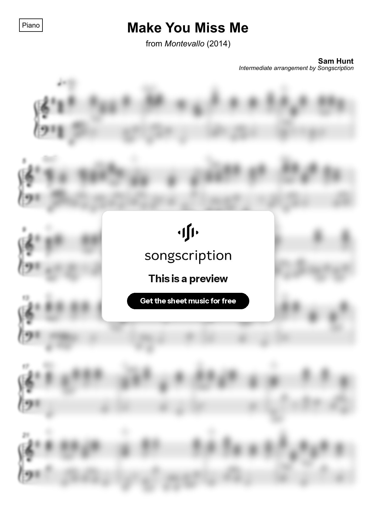 Intermediate Piano Sheet Music for "Make You Miss Me" by Sam Hunt