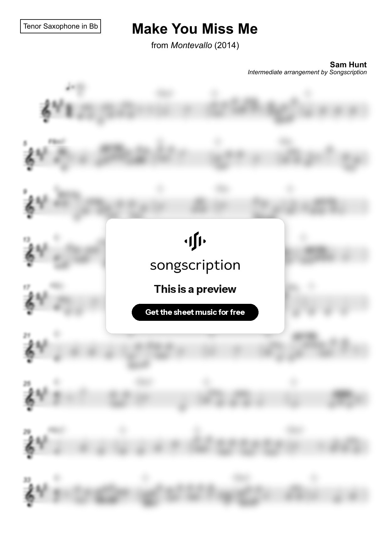 Intermediate Tenor Sax Sheet Music for "Make You Miss Me" by Sam Hunt