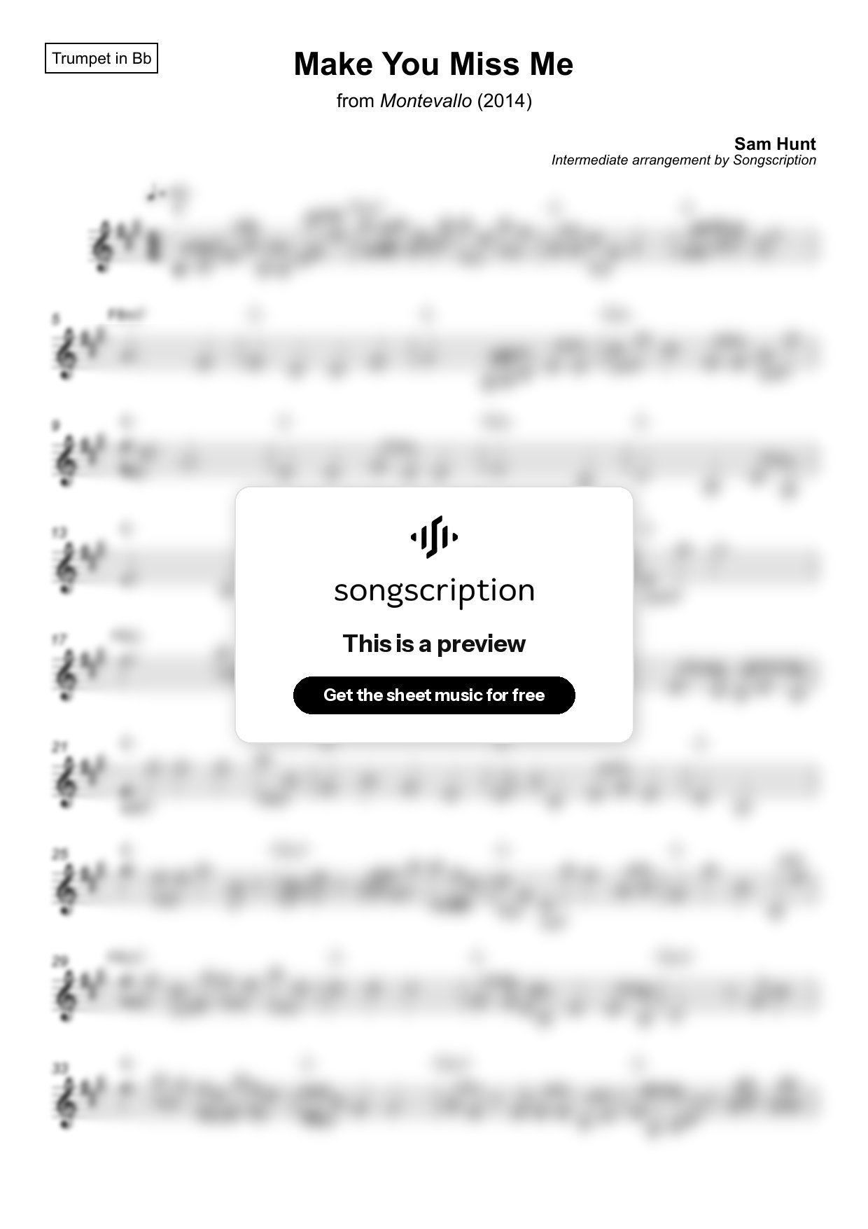 Intermediate Trumpet Sheet Music for "Make You Miss Me" by Sam Hunt