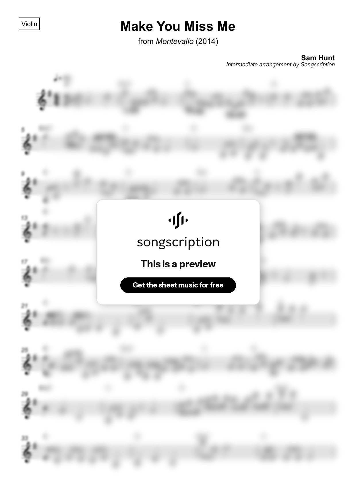 Intermediate Violin Sheet Music for "Make You Miss Me" by Sam Hunt