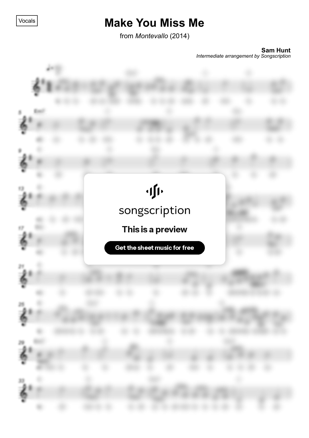Intermediate Vocals Sheet Music for "Make You Miss Me" by Sam Hunt