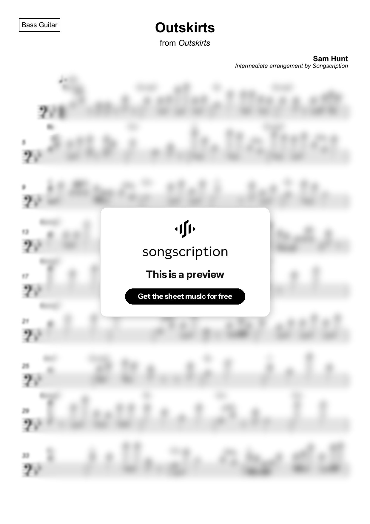 Intermediate Bass Guitar Sheet Music for "Outskirts" by Sam Hunt