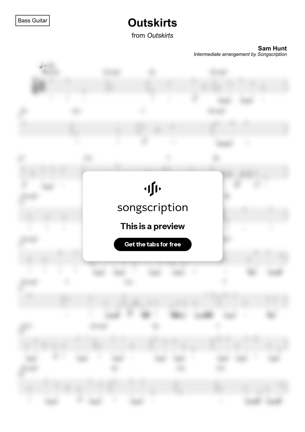 Intermediate Bass Guitar Tabs for "Outskirts" by Sam Hunt