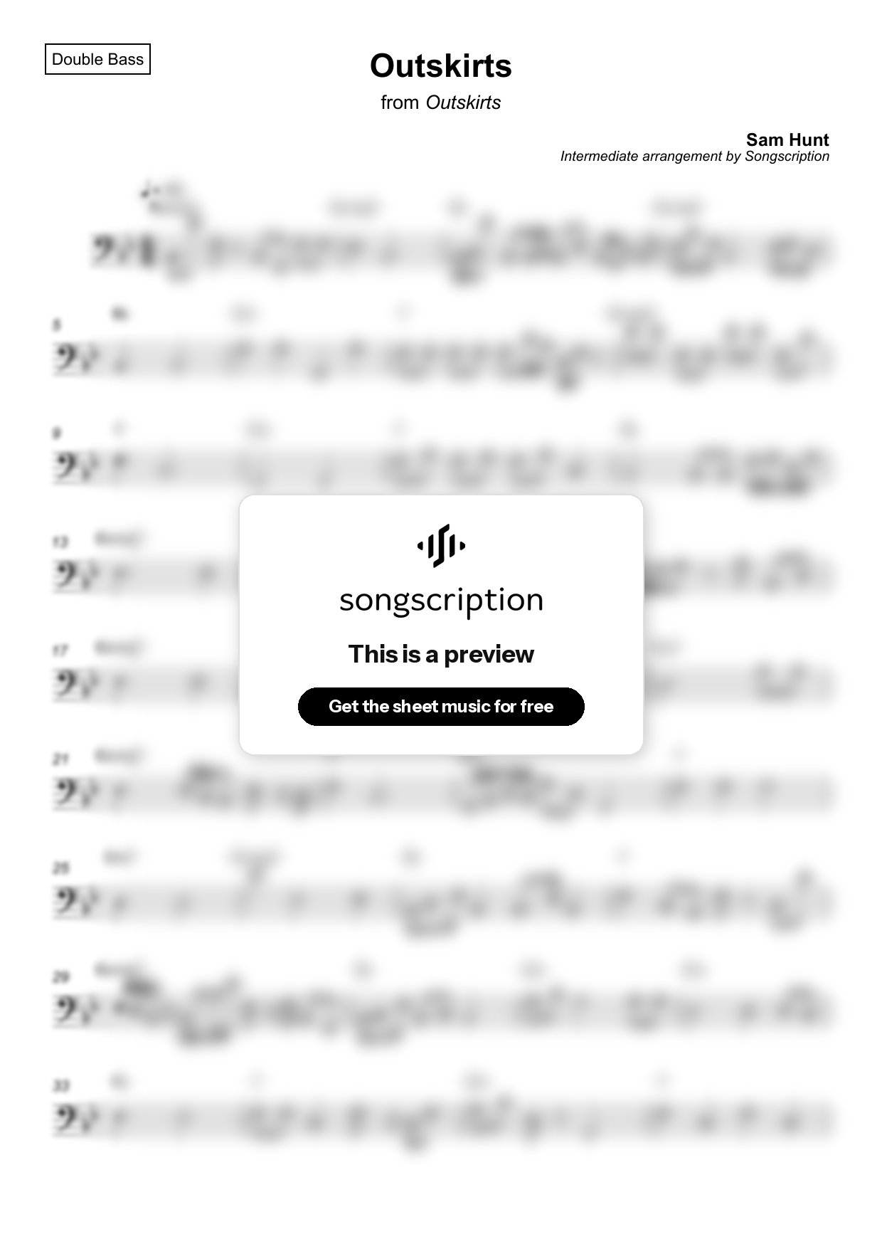 Intermediate Double Bass Sheet Music for "Outskirts" by Sam Hunt