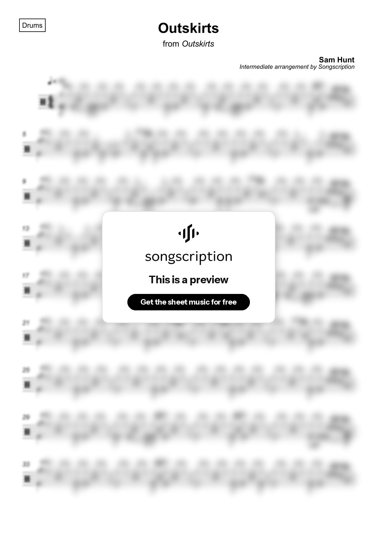 Intermediate Drums Sheet Music for "Outskirts" by Sam Hunt