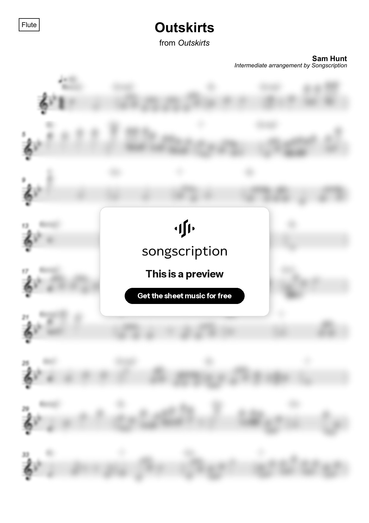 Intermediate Flute Sheet Music for "Outskirts" by Sam Hunt