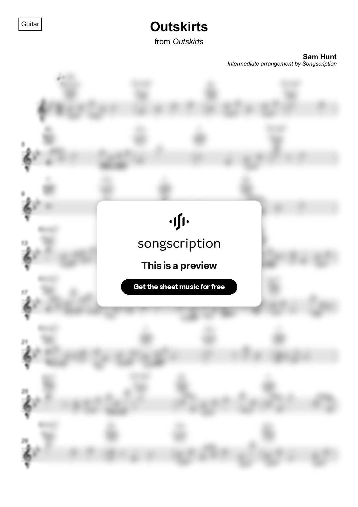 Intermediate Acoustic Guitar Sheet Music for "Outskirts" by Sam Hunt