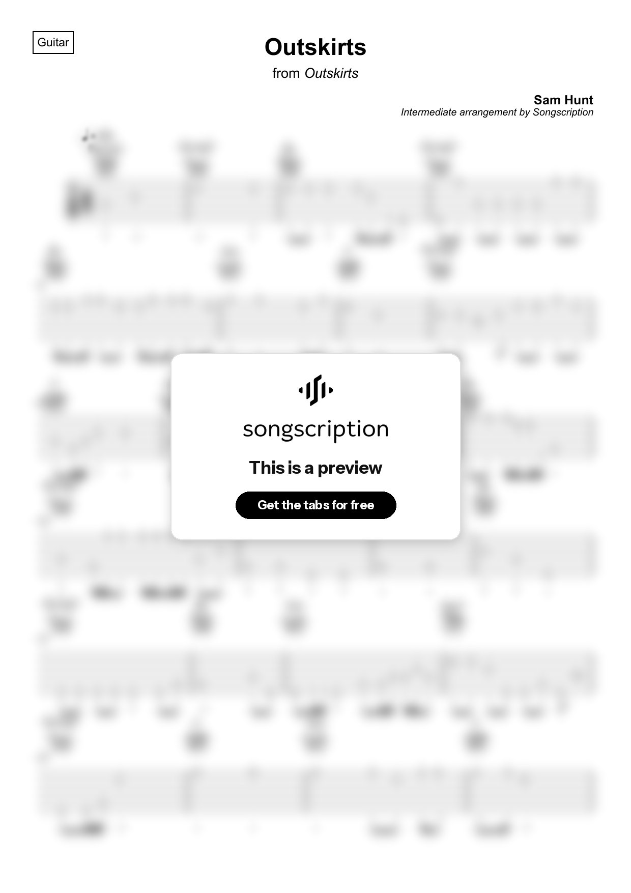 Intermediate Acoustic Guitar Tabs for "Outskirts" by Sam Hunt