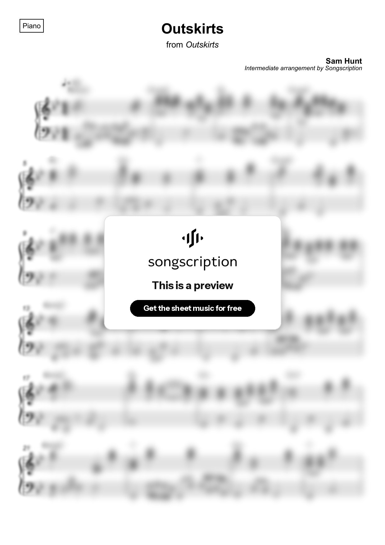 Intermediate Piano Sheet Music for "Outskirts" by Sam Hunt