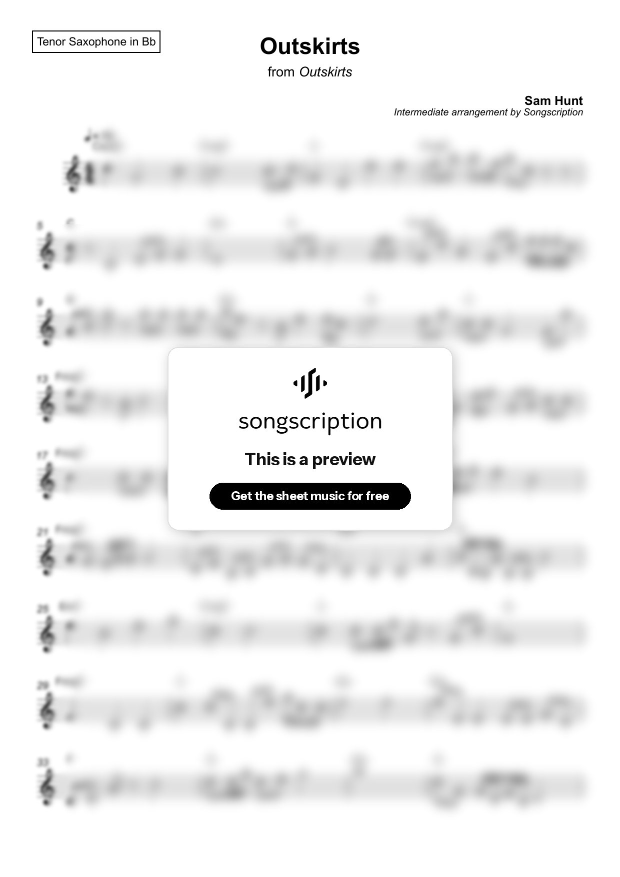 Intermediate Tenor Sax Sheet Music for "Outskirts" by Sam Hunt