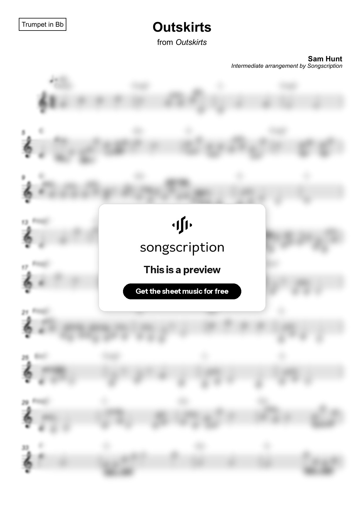 Intermediate Trumpet Sheet Music for "Outskirts" by Sam Hunt
