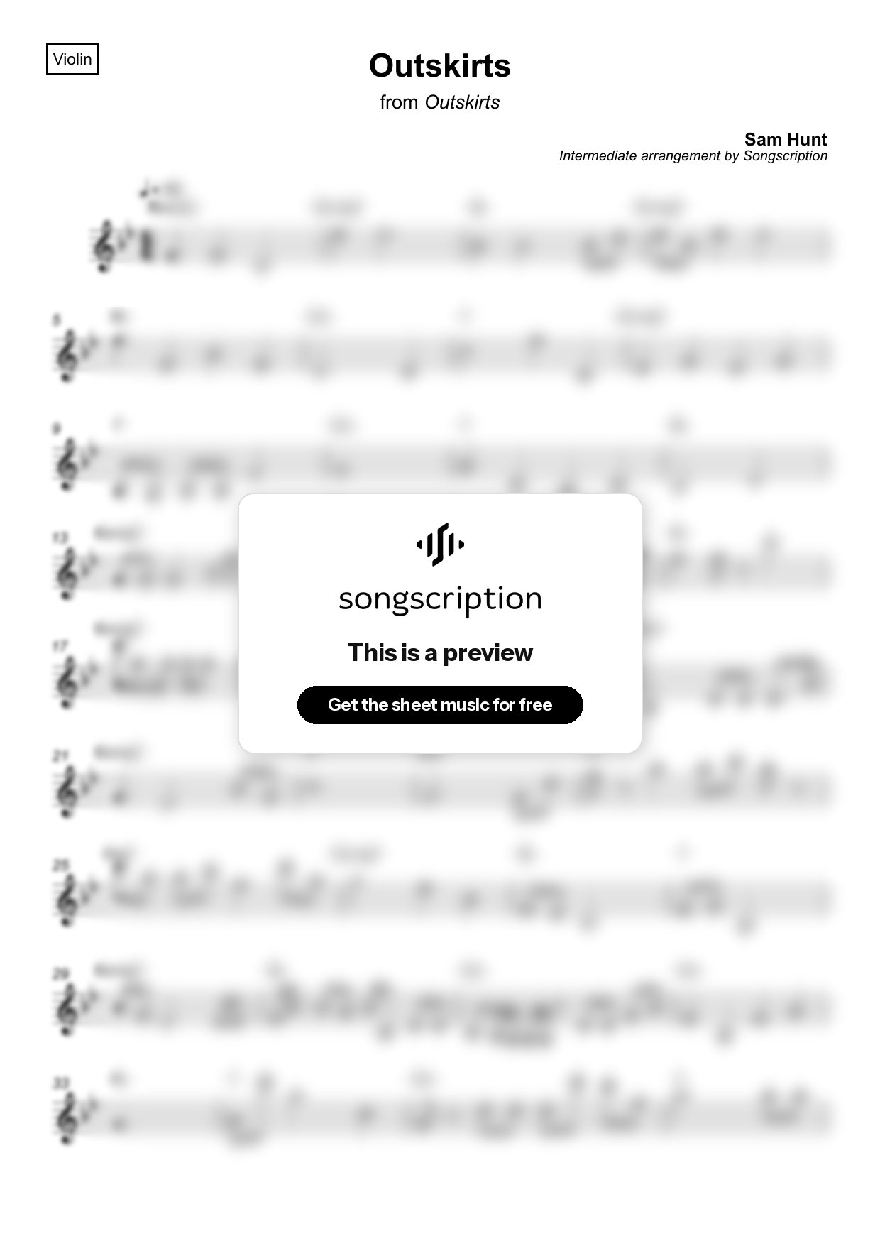 Intermediate Violin Sheet Music for "Outskirts" by Sam Hunt