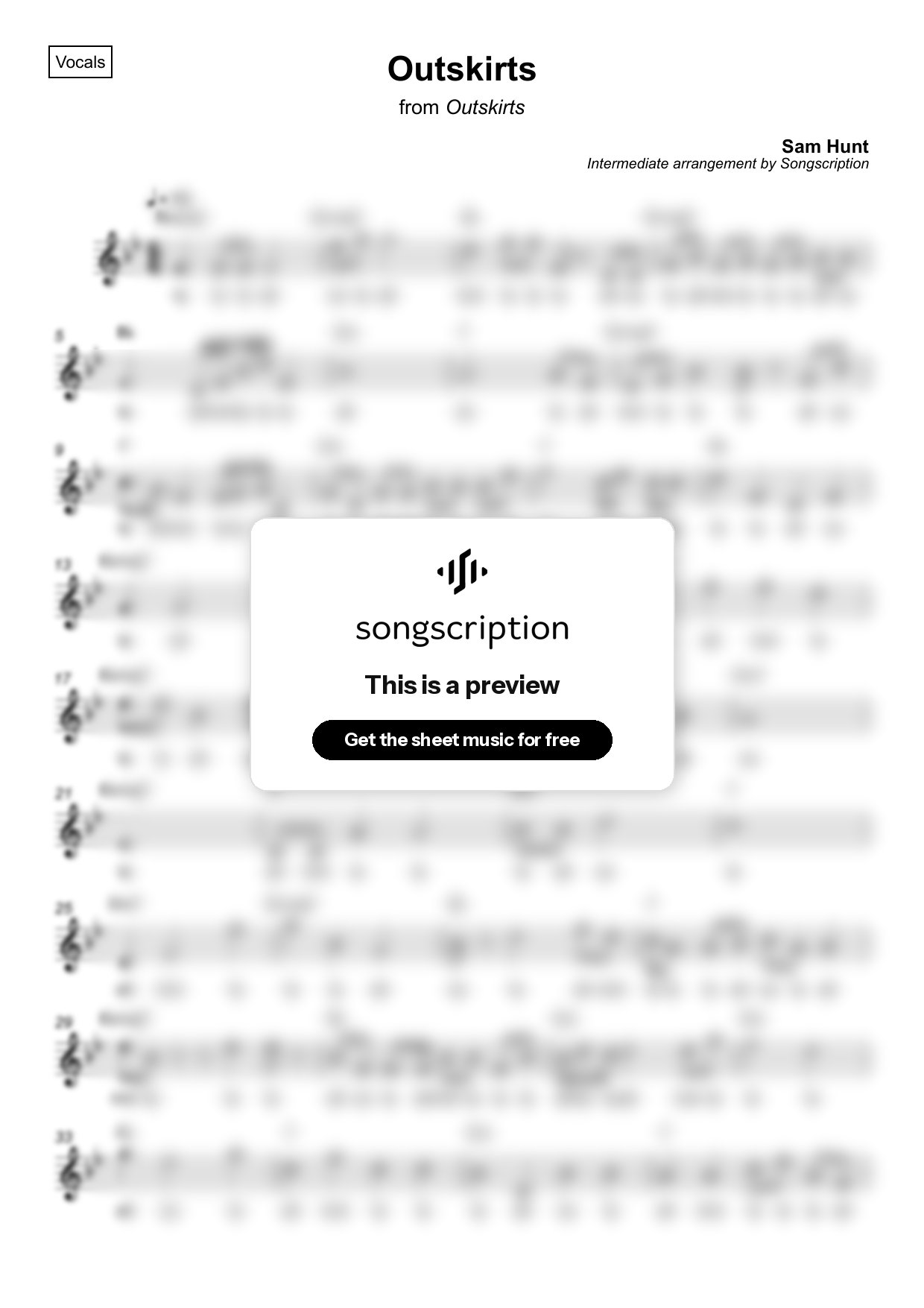Intermediate Vocals Sheet Music for "Outskirts" by Sam Hunt