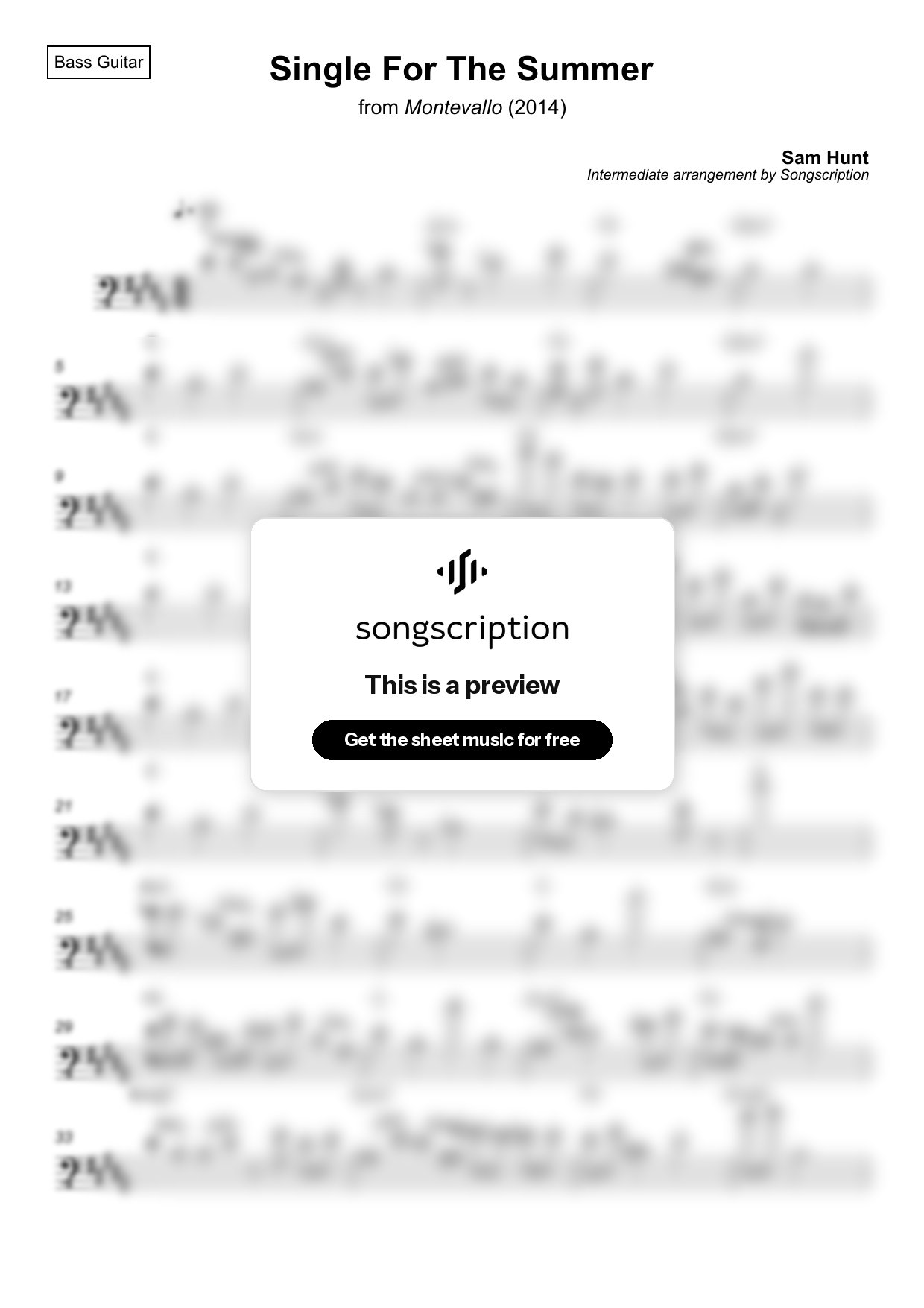 Intermediate Bass Guitar Sheet Music for "Single For The Summer" by Sam Hunt