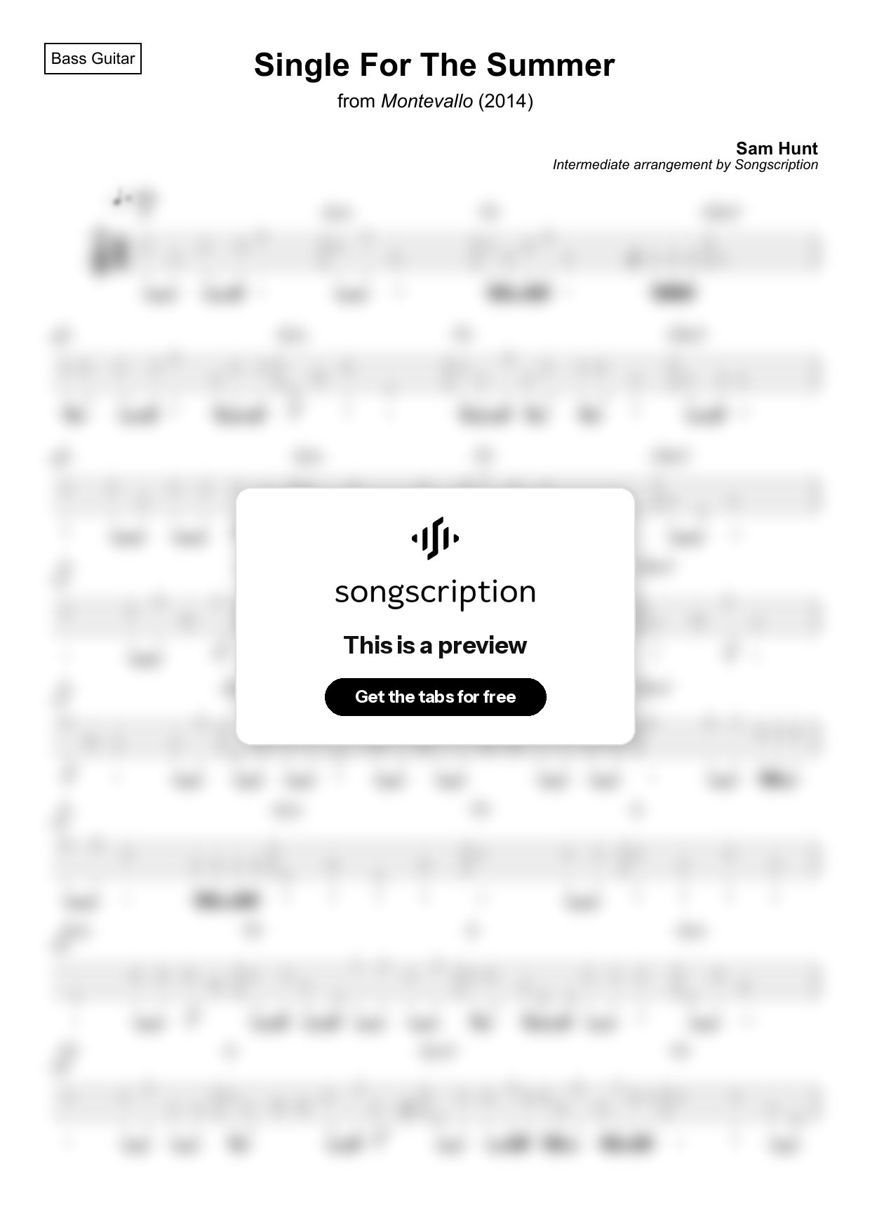 Intermediate Bass Guitar Tabs for "Single For The Summer" by Sam Hunt