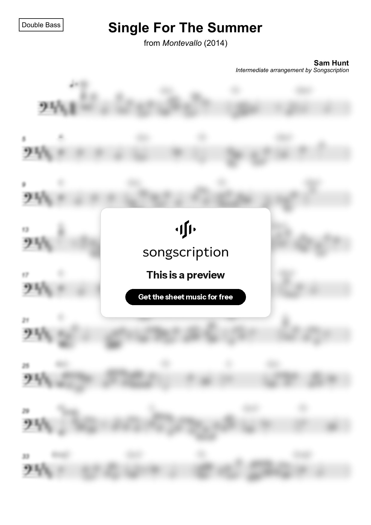 Intermediate Double Bass Sheet Music for "Single For The Summer" by Sam Hunt
