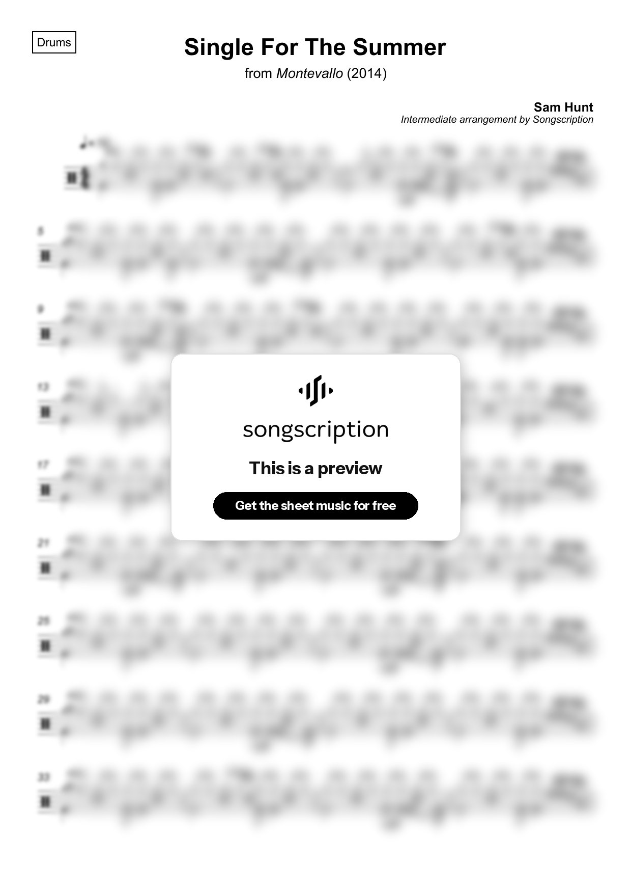Intermediate Drums Sheet Music for "Single For The Summer" by Sam Hunt