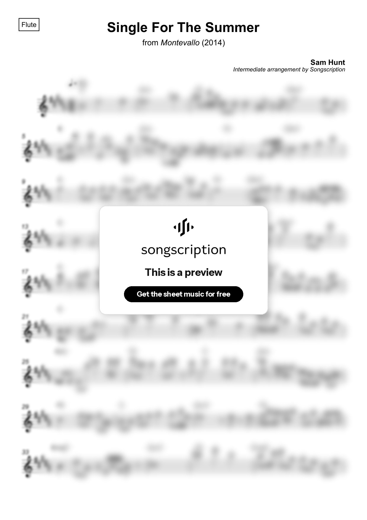 Intermediate Flute Sheet Music for "Single For The Summer" by Sam Hunt