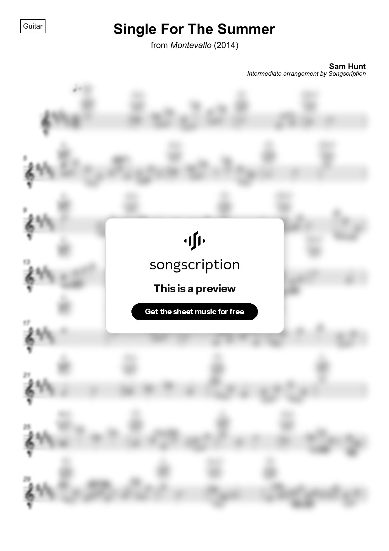 Intermediate Acoustic Guitar Sheet Music for "Single For The Summer" by Sam Hunt