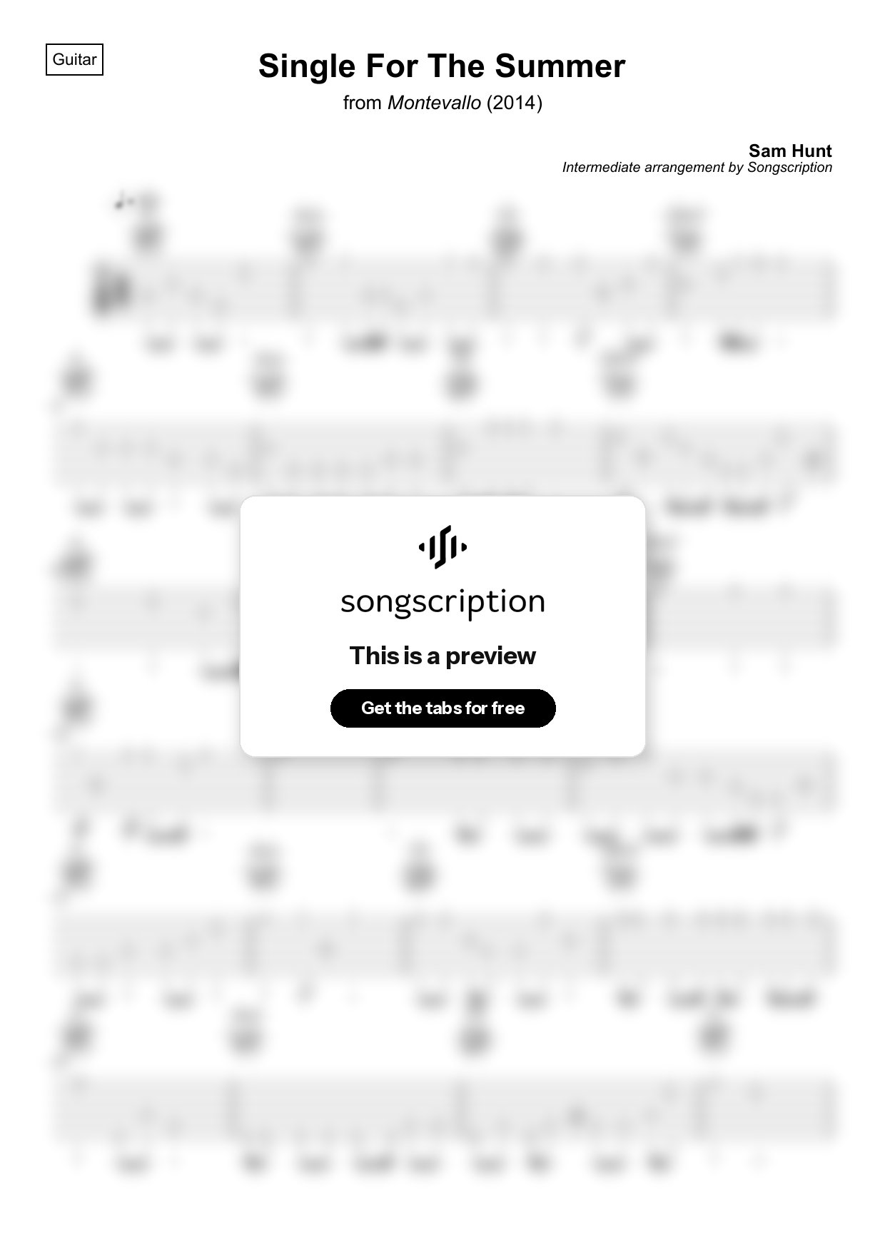 Intermediate Acoustic Guitar Tabs for "Single For The Summer" by Sam Hunt
