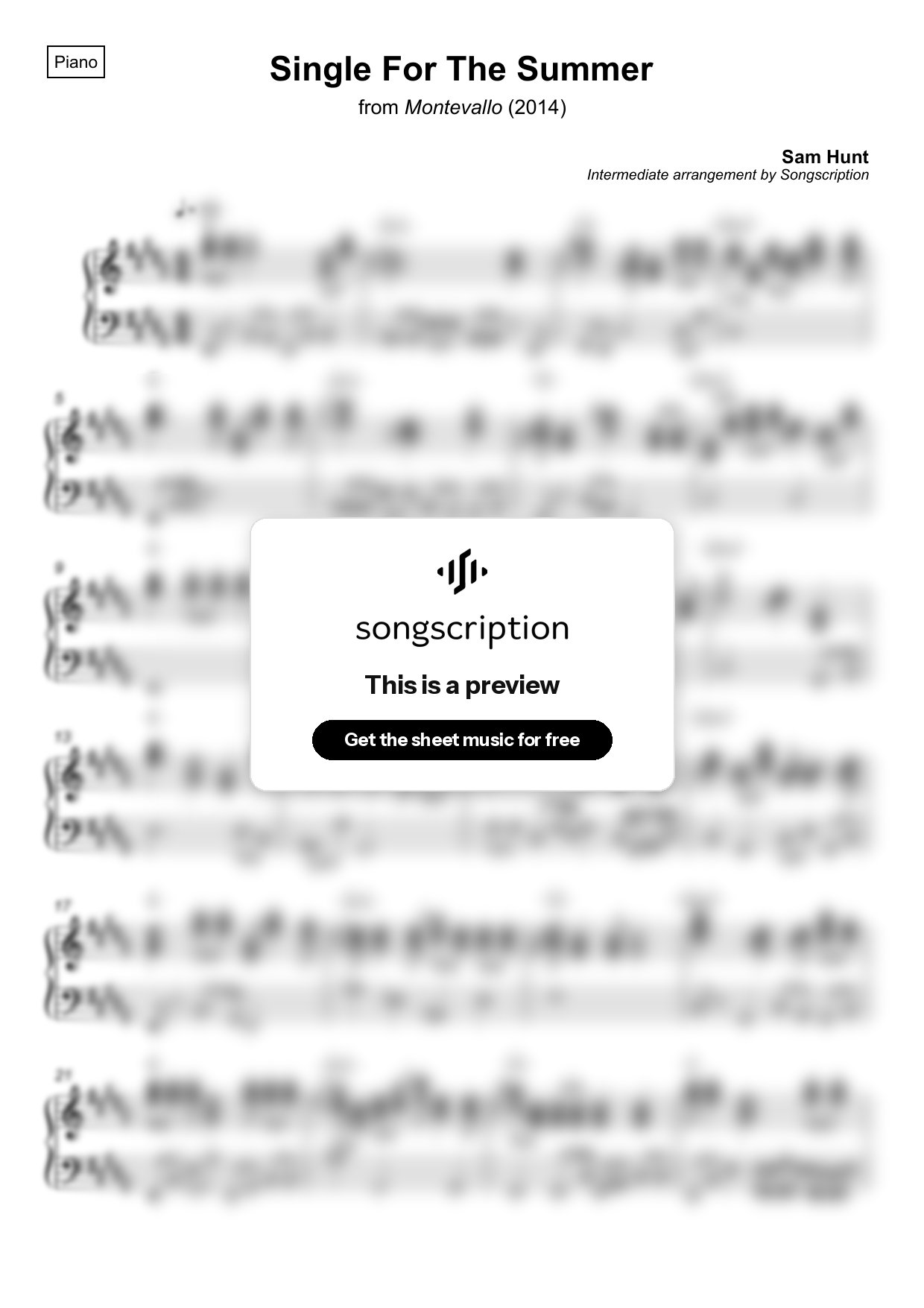 Intermediate Piano Sheet Music for "Single For The Summer" by Sam Hunt